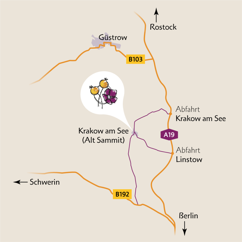 Eine grobe, selbst erstellte Anfahrtsskizze zu Krakow am See (Alt Sammit)