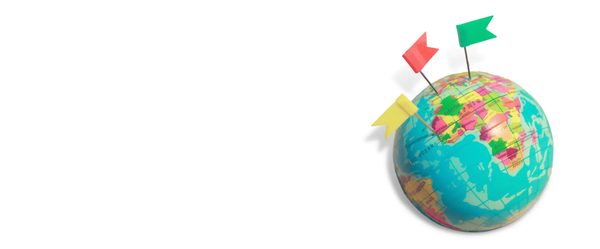 Bunte Weltkugel mit drei Fähnchen-Markierungen – symbolisiert Standortangaben auf Karten und den datenschutzkonformen Umgang mit Google Maps auf Websites.