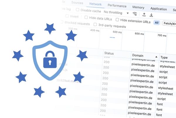 Ein DSGVO Symbol und im Hintergrund Developer-Tool, die verwendete, externe Inhalte und Cookies anzeigt
