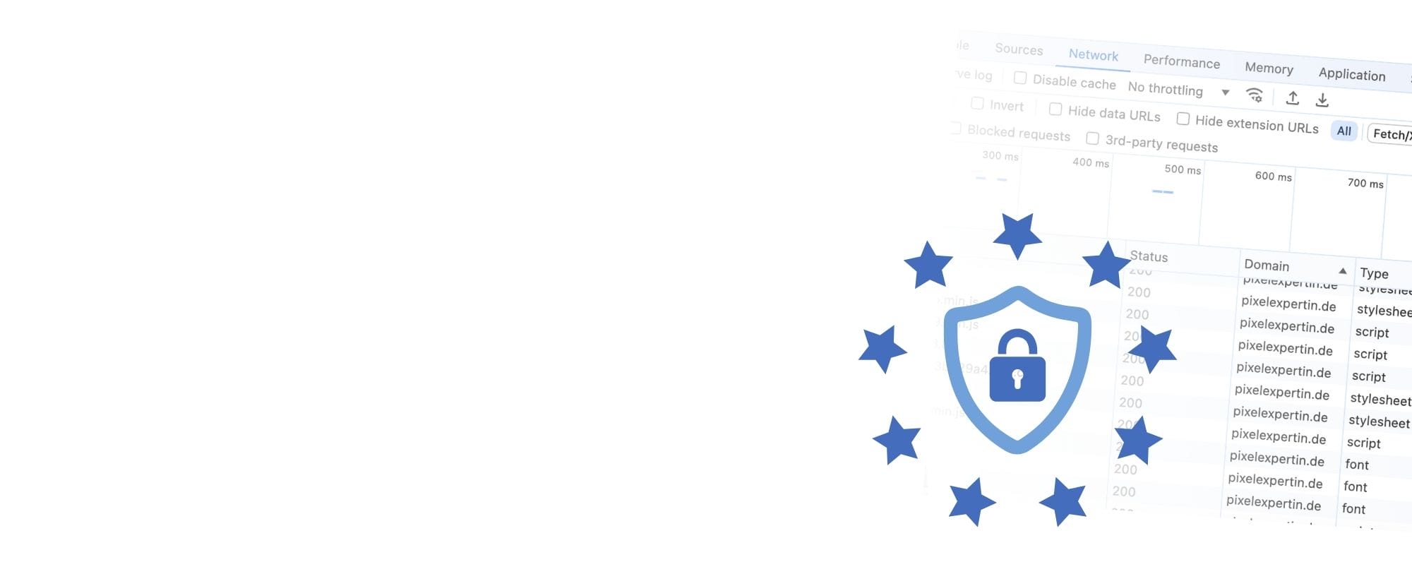 Ein DSGVO Symbol und im Hintergrund Developer-Tool, die verwendete, externe Inhalte und Cookies anzeigt