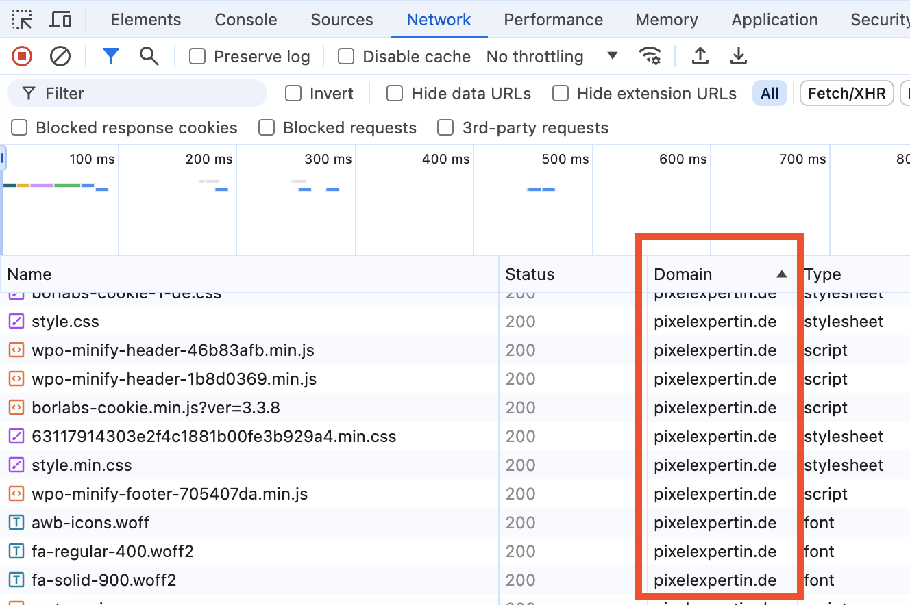Die Developer Tools des Chrome Browsers zeigen ohne Einwilligung unter "Network" in der Spalte "Domain" nur Inhalte der eigenen Domain (hier pixelexpertin.de) an.