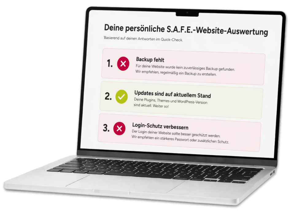 Persönliche S.A.F.E. Website-Auswertung mit Ergebnissen zu Backup, Login und Updates
