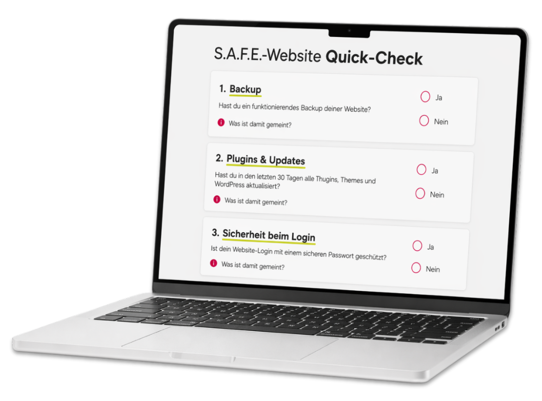 WordPress Sicherheit testen – Laptop zeigt den S.A.F.E. Website Quick-Check mit Fragen zu Backup, Updates und Login-Sicherheit